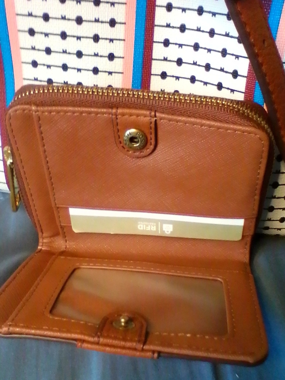 Fossil White Satchel with Brown Handles and Blue & Red Stripes - Picture 12 of 15